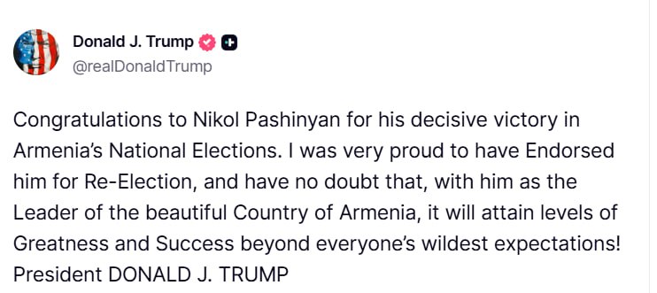 Дональд Трамп поздравил Никола Пашиняна с победой на выборах в Армении