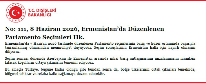 МИД Турции поздравил Армению с выборами 7 июня 2026 года и призвал к мирному соглашению